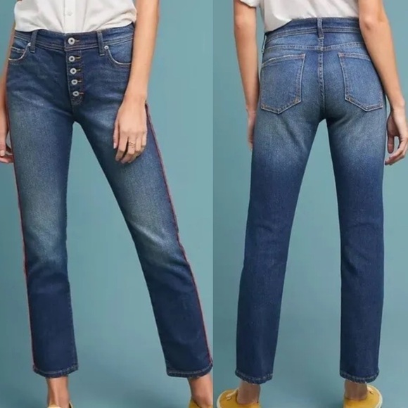 Pilcro & The Letterpress Relaxed Straight Red Stripe Button Fly Jeans Size 26 - Picture 1 of 9